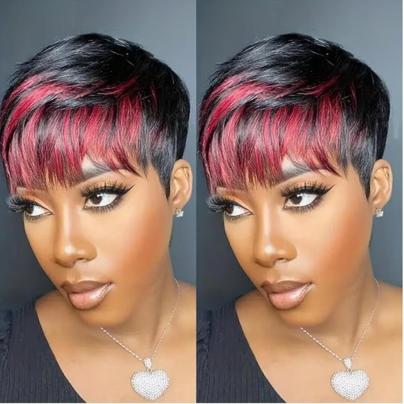 Other - Womens Short Pixie Cut Human Hair Wig Black w/ Burgundy Highlights Glueless New